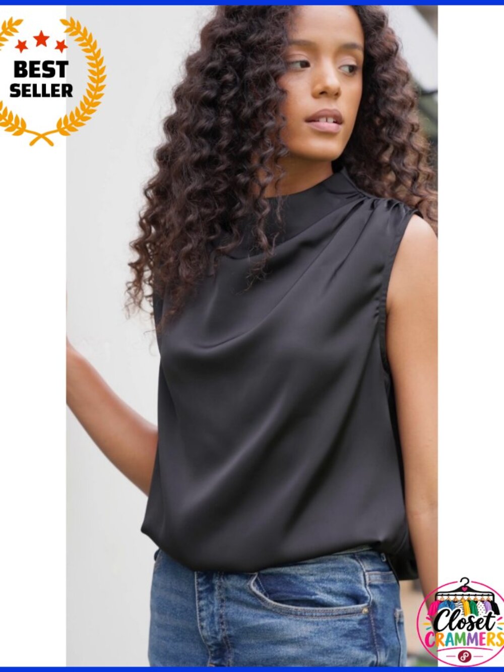 Mock Neck Satin Tank Top Sleeveless Ruched Business Casual Blouse - Picture 6 of 6